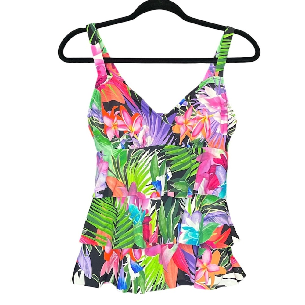 ShapeSolver Tankini Swim Top Womens 8 New Tropical Triple Tier Ruffle Resort